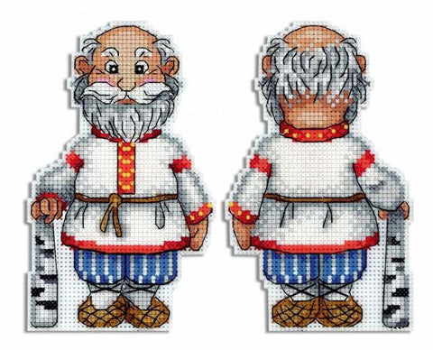 Siuvinėjimo rinkinys: kryželiu padarytas senelis, pristatomas iš priekio ir nugaros, baltos palaidinės su raudonomis detalėmis ir mėlynomis dryžuotomis kelnėmis