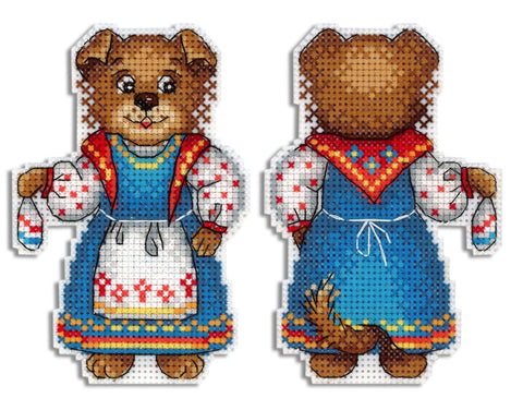 Kryželių rinkinys: rudas meškiukas su mėlyna suknute ir balta prijuoste, parodyti priekinis ir nugarinis vaizdai, skiriasi raštu ir aksesuarais