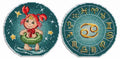 Siuvinėjimo rinkinys dviems apskritiems dizainams – žalių tonų Vėžio kūdikis su plaukimo ratu ir zodiako ratas su Vėžio simboliu