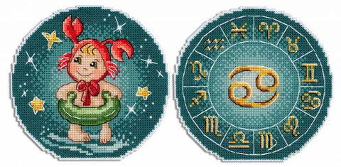 Siuvinėjimo rinkinys dviems apskritiems dizainams – žalių tonų Vėžio kūdikis su plaukimo ratu ir zodiako ratas su Vėžio simboliu