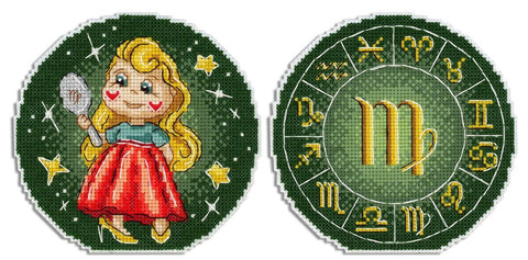 Mergelės zodiako siuvinys, apvalus dvišonis kryžiaus dūrų ženkliukas žaliame fone su raudona suknele ir auksiniu simboliu