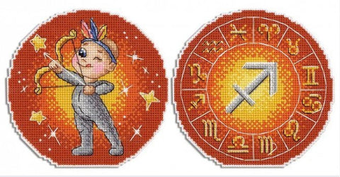 Siuvinėjimo rinkinys Šaulys — oranžinė apvali plokštė pora: žaismingas šaulio personažas ir zodiako ratas