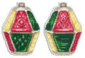 Kalėdinis ornamentas hexagonas rankų darbo siuvinėjimas raudonos, žalios ir geltonos spalvų, parodytos priekinė ir galinė pusė