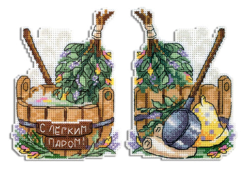 Kryželių rinkinys su saunos motyvais: du ornamentai — medinis kubilas su vantomis, kaušelis ir geltona kepurėlė