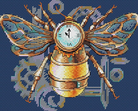 Siuvinys steampunk bitė su apvaliu laikrodžiu centre, auksiniai ir mėlyni siūlai ant tamsiai mėlyno fono