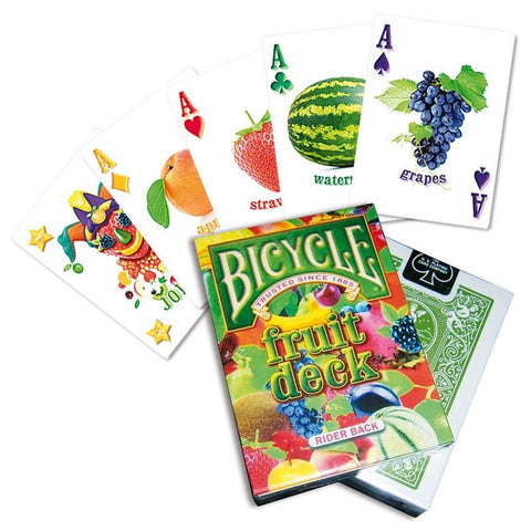 Kortos Bicycle Fruit Deck, spalvingas Rider Back rinkinys su dėžute ir išskleistais vaisių nupieštais tūzais