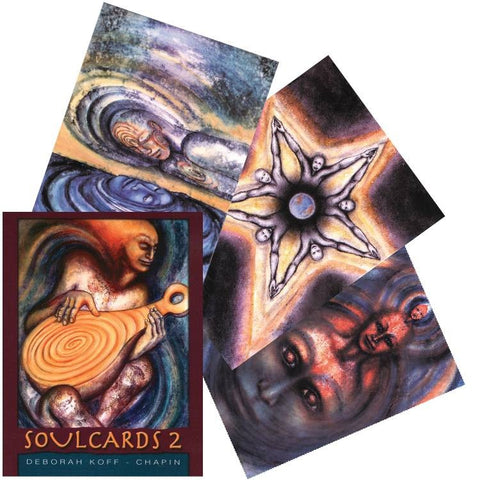 Sielos kortos Soulcards 2 — Deborah Koff‑Chapin spalvota kortų dėžutė ir keturios skirtingos iliustruotos kortos fanuotos