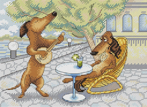 Plakatas su retro iliustracija: du taksai lauko kavinėje, vienas groja banjo, žalsvas gėrimas ant stalo