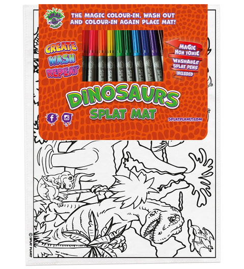 Spalvinimo kilimėlis „Dinozaurai“ vaikams – daugkartinis, skalbiamas, su 10 flomasterių, 38×30 cm, Splat Planet
