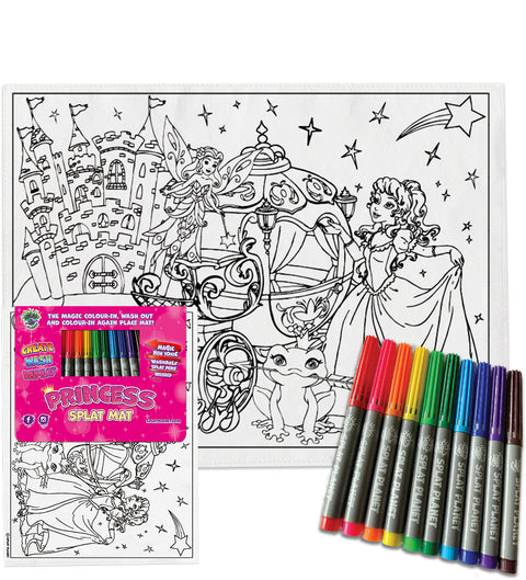Splat Planet spalvinimo stalo kilimėlis „Princesės“ – daugkartinis, su 10 plaunamų flomasterių, 38×30 cm