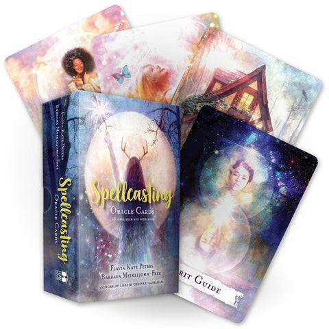 Orakulo kortos Spellcasting — pastelinio dizaino dėžutė su atverstu 48 kortų rinkiniu ir pridedamu gideliu