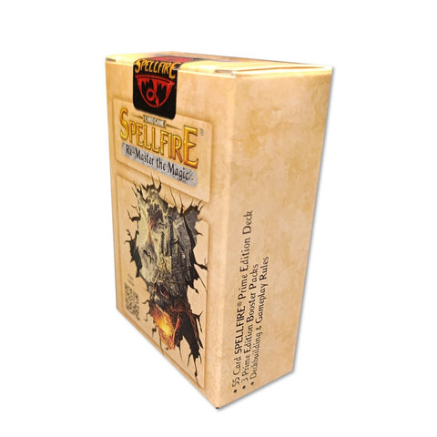 Spellfire kortų žaidimas kremine dėžute, Prime Edition variantas, kampinis šoninis rodinys su logotipu ir iliustracija