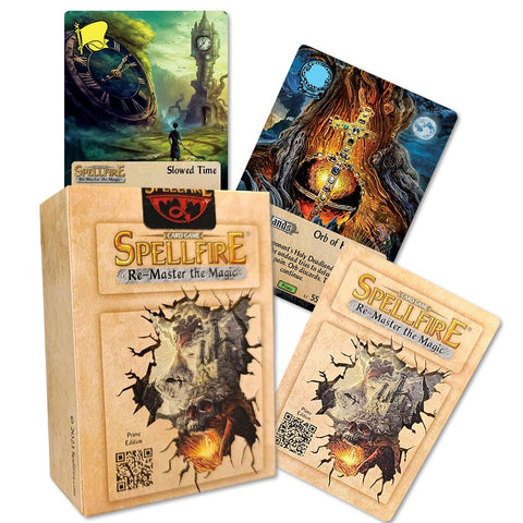 Spellfire kortų žaidimas Prime Edition, kreminė dėžutė su dviem iliustruotomis kolekcinėmis kortomis ir viena pusiau atversta korta