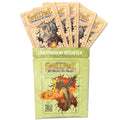 Spellfire kortų paketas – žalias „Uncommon Booster“ su drakono iliustracija ir išskleista penkių kortų vėduokle