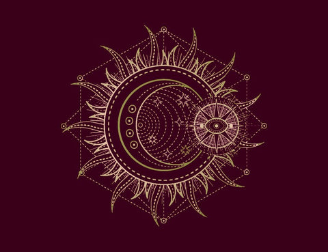 mandala sienų dekoracija su auksiniu mėnulio ir saulės ornamentu ant sodrios vyno spalvos fono, bohemiškam interjerui