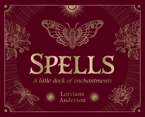 Kortų rinkinys Spells – tamsiai bordo viršelis su auksiniais ornamentais (drugelis, gėlės), autoriaus Lorriane Anderson