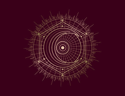 sieninis plakatas mėnulio mandala, auksinio rašto ant bordo fono, 50×70 cm, priekinis vaizdas be rėmo