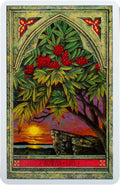 tarot korta Rowan – dekoratyvinė korta su raudonomis šermukšnių uogomis, saulėlydžiu ir akmenine terasa