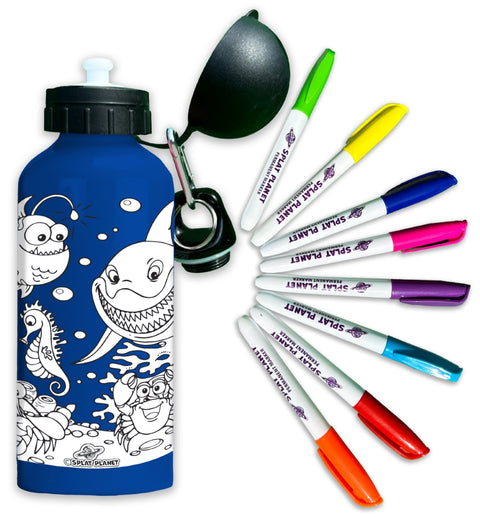 Splat Planet spalvinama aliuminė gertuvė 600 ml „Jūra“ – 8 flomasteriai, 2 dangteliai, karabinas
