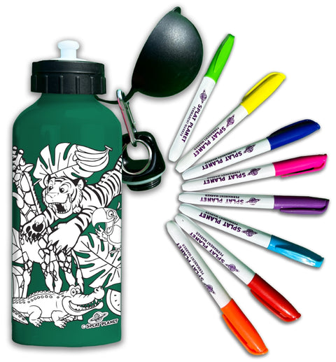 Splat Planet spalvinama aliumininė gertuvė vaikams 600 ml – Safari rinkinys su 8 flomasteriais
