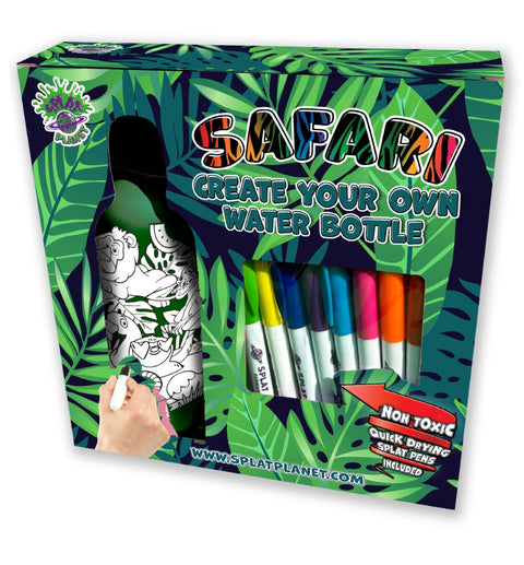 Splat Planet spalvinama aliumininė gertuvė vaikams 600 ml – Safari rinkinys su 8 flomasteriais