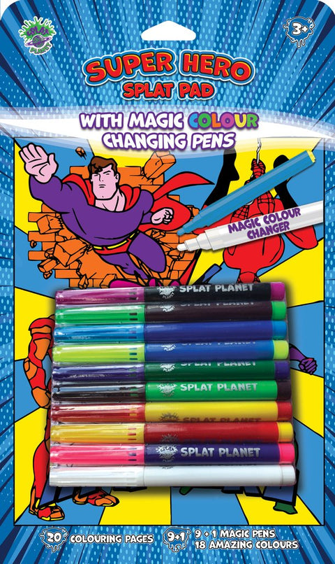 SPLAT PLANET magiška spalvinimo knygelė „Super herojai“ – 20 paveikslų, 10 flomasterių, spalvas keičiantis flomasteris vaikams