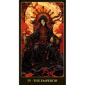 Tarot korta Imperatorius, juoda ir raudona iliustracija su auksinėmis detalėmis: sėdintis valdovas ant trono, avino galvos šonuose, vertikali kolekcijos korta