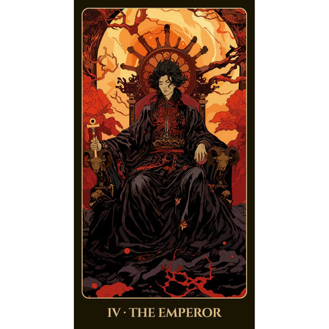 Tarot korta Imperatorius, juoda ir raudona iliustracija su auksinėmis detalėmis: sėdintis valdovas ant trono, avino galvos šonuose, vertikali kolekcijos korta