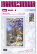 Kryželių rinkinys Riolis 30×50 cm, vertikalus pakuotės leidimas su violetiniais vijokliais ir baltomis balandėmis, skirtas interjerui
