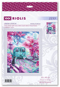 Siuvinėjimo rinkinys Riolis 30×40 cm Spring Express, spalvotas pavyzdys su žalsvu traukiniu, rožiniais sakuromis ir katinu