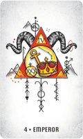Tarot korta Imperatorius — ryškūs raudoni ir geltoni simboliai, trikampis dizainas su karūna, inkaru ir ožkos ragais