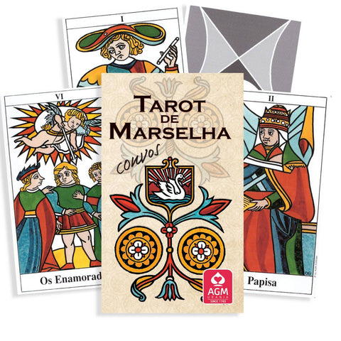 Tarot kortos Marselha komplektas su spalvotomis Didžiųjų Arkanų kortomis ir priekinė dėžutė su AGM logotipu