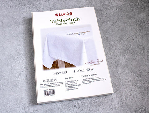 Staltiesė Luca‑S balta 1,20×1,50 m, 55% linas/45% medvilnė, supakuota vokuose su etiketėmis ir aiškiu dydžio nurodymu