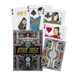 Star Trek žaidimo kortos Theory Eleven juodame dėkle su auksinėmis detalėmis, iliustruotomis personažų kortomis ir spalvotu nugaros raštu