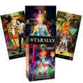 Starman tarot kortų rinkinys su juodos dėžutės priekiu ir trimis neoninėmis kortomis, išdėstytomis fone