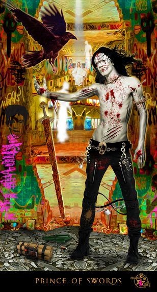 tarot korta Princas kardų — gotikinis juodaplaukis vyras su kalaviju ir kraujo žymėmis, varnas fone, ryškios grafiti spalvos