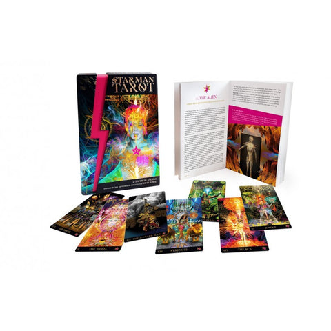 Starman tarot rinkinys su spalvingomis iliustruotomis kortomis, tvirta dėžute ir atverstu iliustruotu vadovu