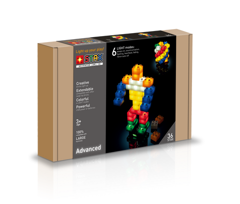 STAX Junior šviečiančios kaladėlės – 36 vnt. konstruktorius, suderinamas su DUPLO, USB maitinimas