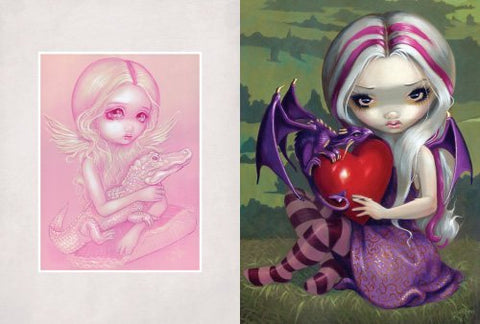 Plakatas: dvi iliustracijos — rožinė mergaitė su aligatoriumi ir violetinė mergaitė, laikanti drakoną prie raudonos širdies