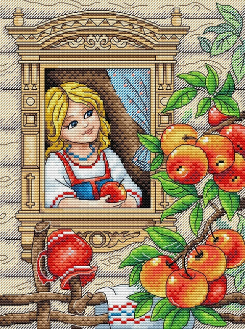 Siuvinėjimo rinkinys mergaitė su obuoliais, ryškūs raudoni obuoliai ir dekoratyvi medinė palangė, 30×40 cm