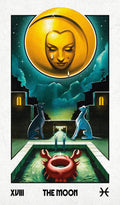 tarot korta Mėnulis – meninė plakato versija su geltonu žmogaus veido mėnuliu, baseinu ir dviem šunimis
