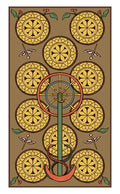 Tarot korta Dešimt monetų — pilna iliustracija su auksinėmis monetomis aplink centrinį ratą ir susipynusiomis gyvatėmis, rudu fonu