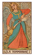Tarot korta Temperance, retro stiliaus mėlynai‑raudonais tonais, angelas pilantis vandenį iš ąsočių