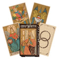 Tarot kortos Wirth: dėžutės priekinis dizainas ir išskleistos penkios kortos su vintažiniais piešiniais, leidžiančios įvertinti meną ir dydį