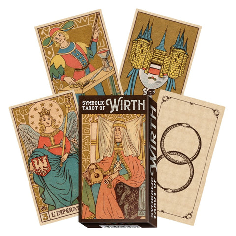 Tarot kortos Wirth: dėžutės priekinis dizainas ir išskleistos penkios kortos su vintažiniais piešiniais, leidžiančios įvertinti meną ir dydį