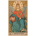 Tarot korta Imperatrice (Imperatorė), retro iliustracija priekyje, mėlyna su raudona ir aukso akcentais, 70×120 mm