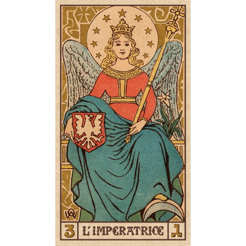 Tarot korta Imperatrice (Imperatorė), retro iliustracija priekyje, mėlyna su raudona ir aukso akcentais, 70×120 mm
