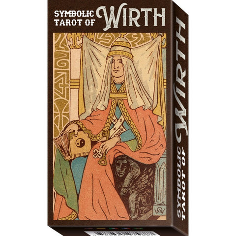 Taro kortų dėžutė Symbolic Tarot of Wirth su klasikinėmis raudonai‑smėlio tonų iliustracijomis ir matomu šoniniu prekės ženklo užrašu