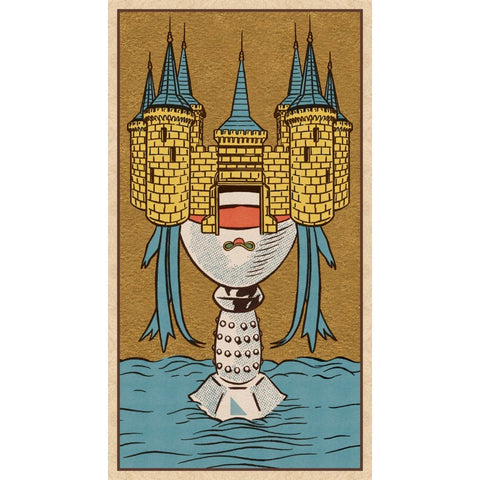 tarot korta su auksiniu fonu, mėlyna jūra apačioje ir stilizuota taurė su pilkais bokštais, stačia orientacija