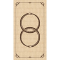 Kortų nugarėlė su dviem susipynusiomis gyvatėmis, rudos linijos ant senovinio smėlio fono, tarot kortų nugarėlei